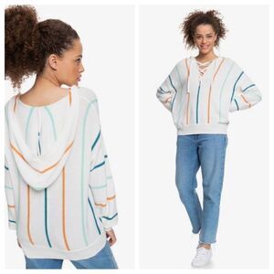 ROXY White Rainbow Hoodie Stripes Medium Hooded Sweatshirt Pullover Athleisure